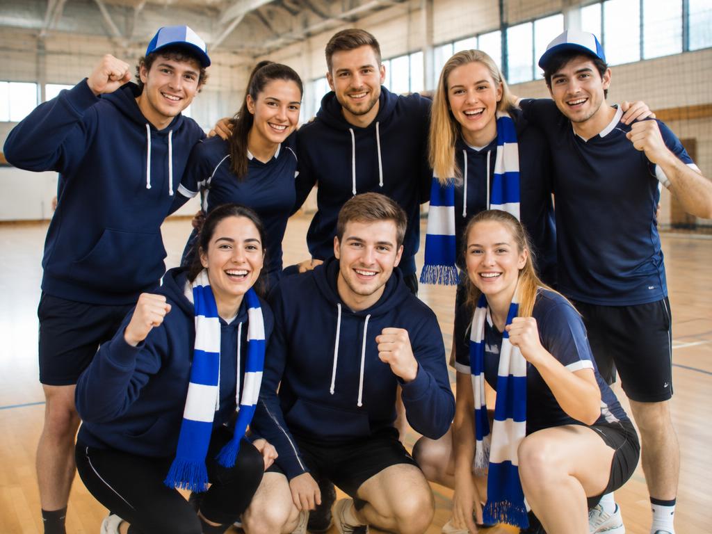 Idrottslag i matchande klubbkläder med supporterhalsdukar