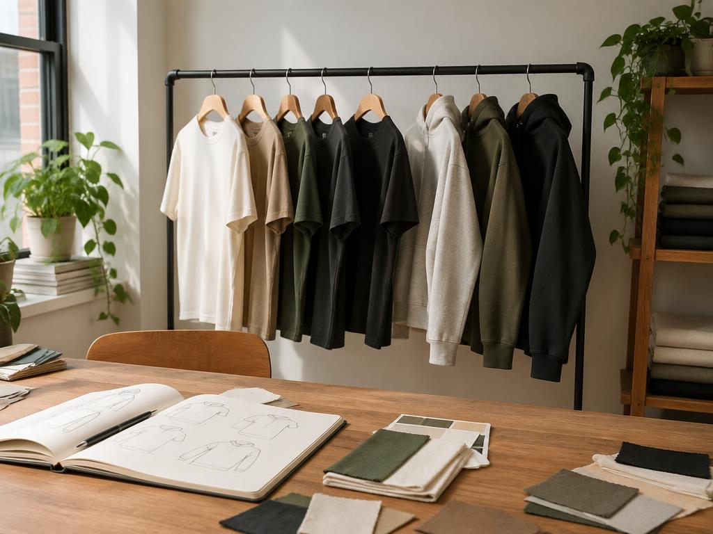 Klädställning med t-shirts och hoodies i en designerstudio