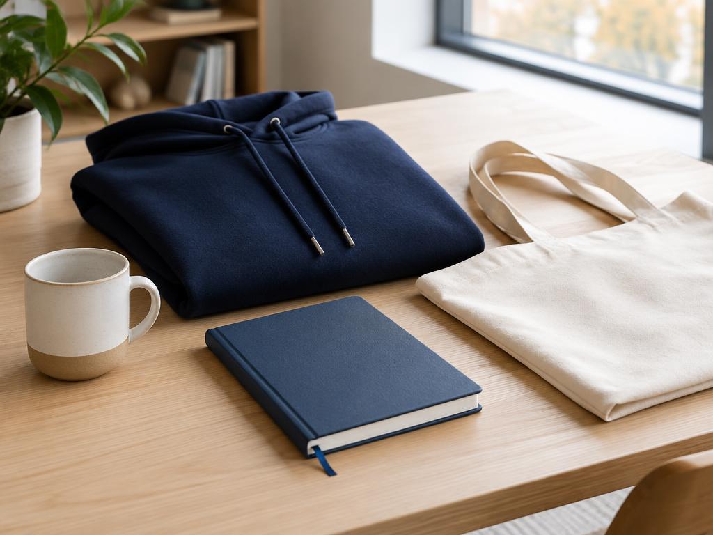 Onboarding-kit med hoodie, mugg, anteckningsbok och tygkasse på ett kontorsbord